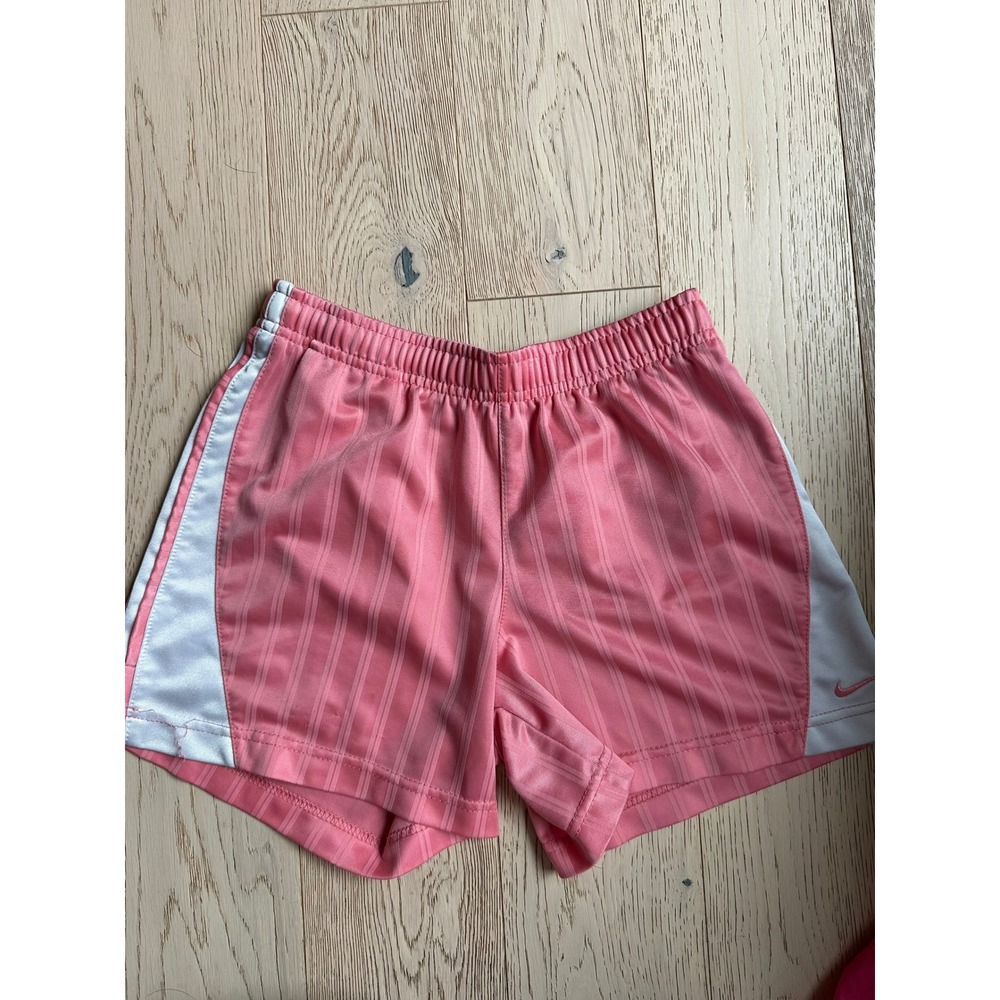 Nike Girls Pink Soccer Shorts Size Medium 10-12 Athletic Striped Gym Running